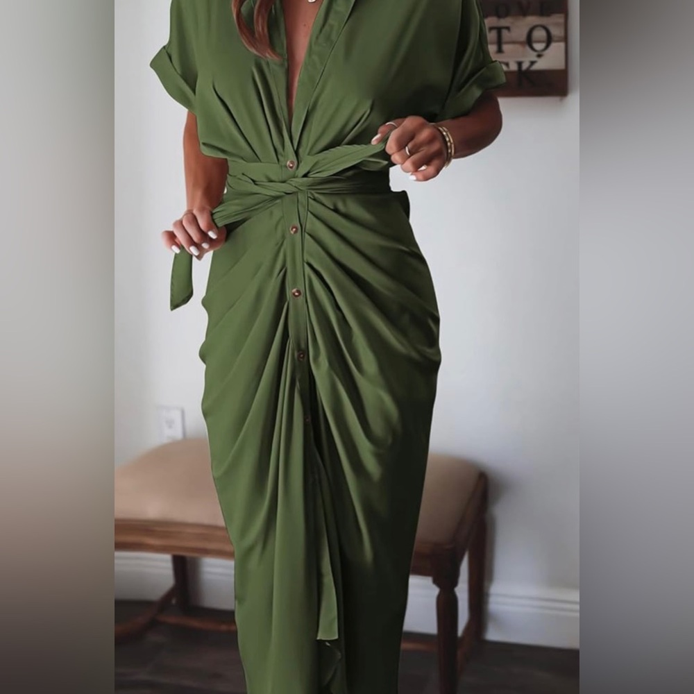 NEW Women Elegant Satin Button Down Short Sleeve Maxi Shirt Dress with Belt - Picture 5 of 9